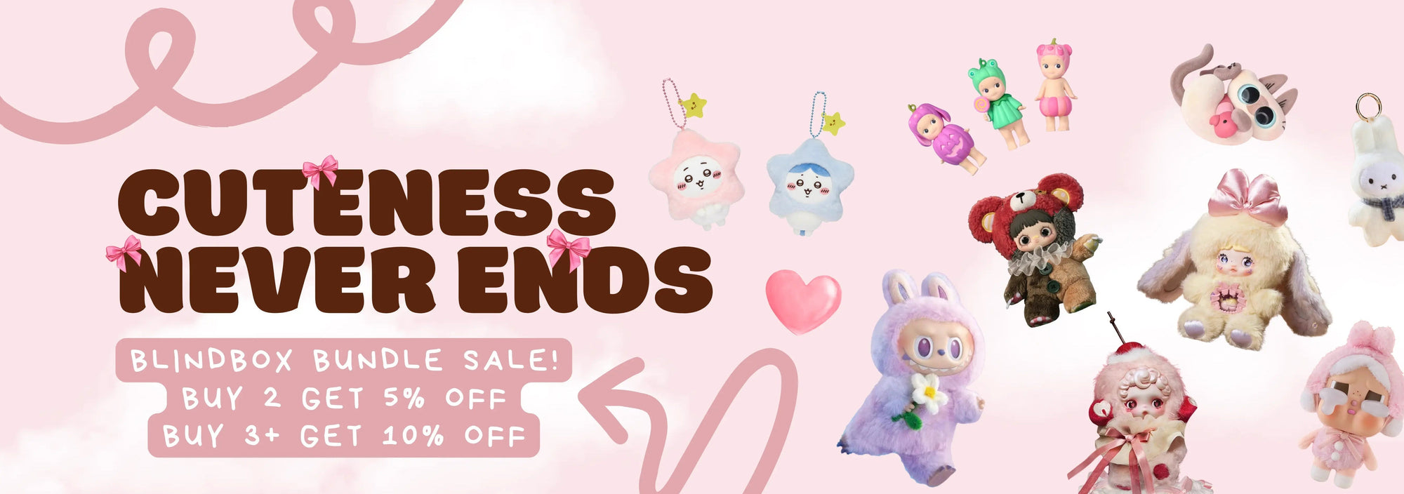 Promotional banner for a blindbox bundle sale with cute plush toys on a pink background.